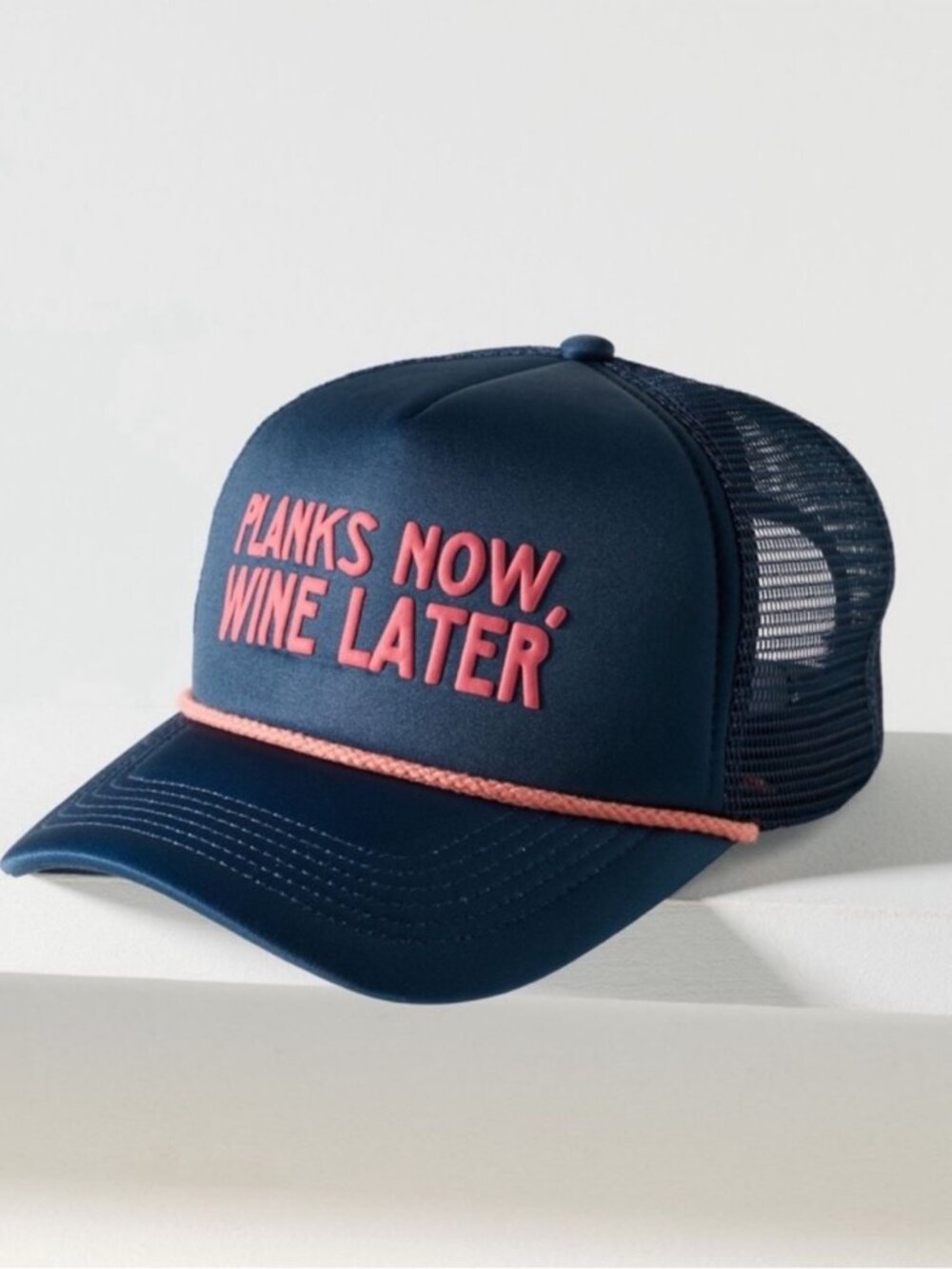 Anthropologie Daily Practice Trucker Hat Cap PLANKS NOW WINE LATER Navy NWOT